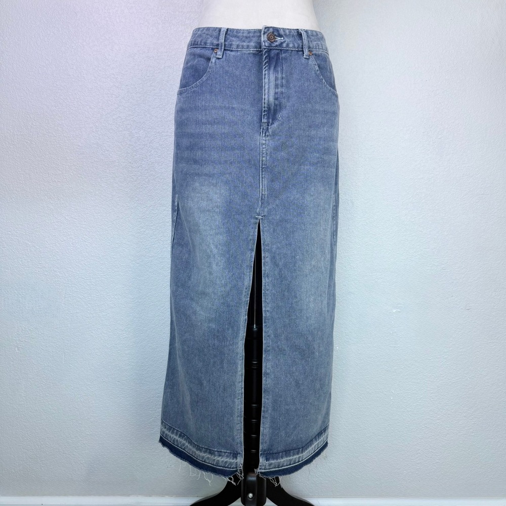 Happily Grey Denim Maxi Skirt Blue Medium Wash High Front Slit Raw Hem Size 9/28